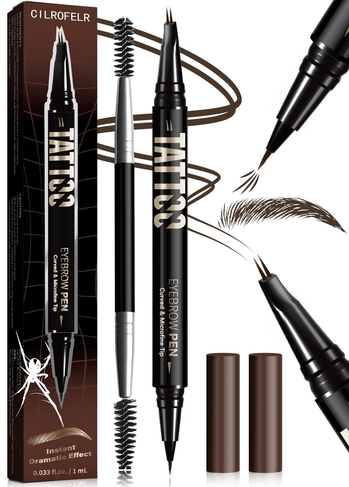 Cilrofelr Instant Tattoo Curved Eyebrow Pen For Women Microblading Eyerow Pencil with Dual-ended Spoolie for Hair-like Stokes Long Wearing Waterproof Transfer-proof Brow Effect (Black Brown)